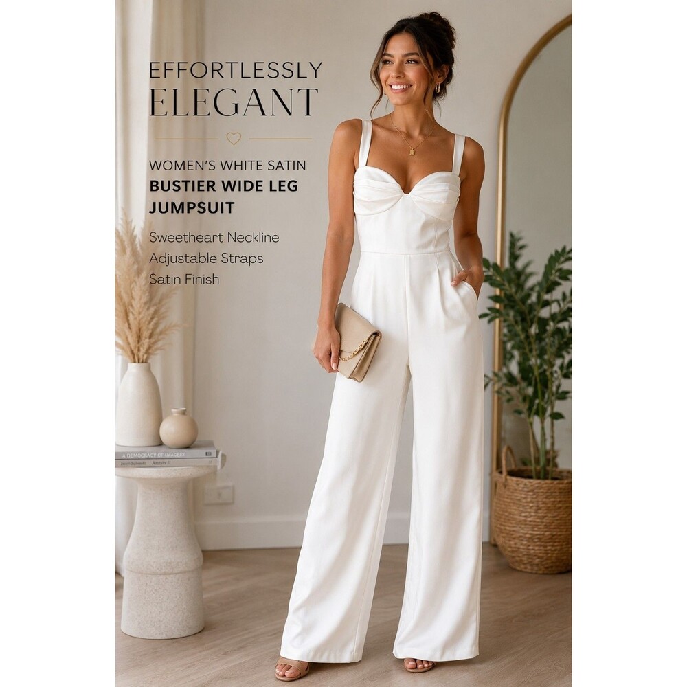 Women's White Satin Bustier Wide Leg Jumpsuit with Sweetheart Neckline L